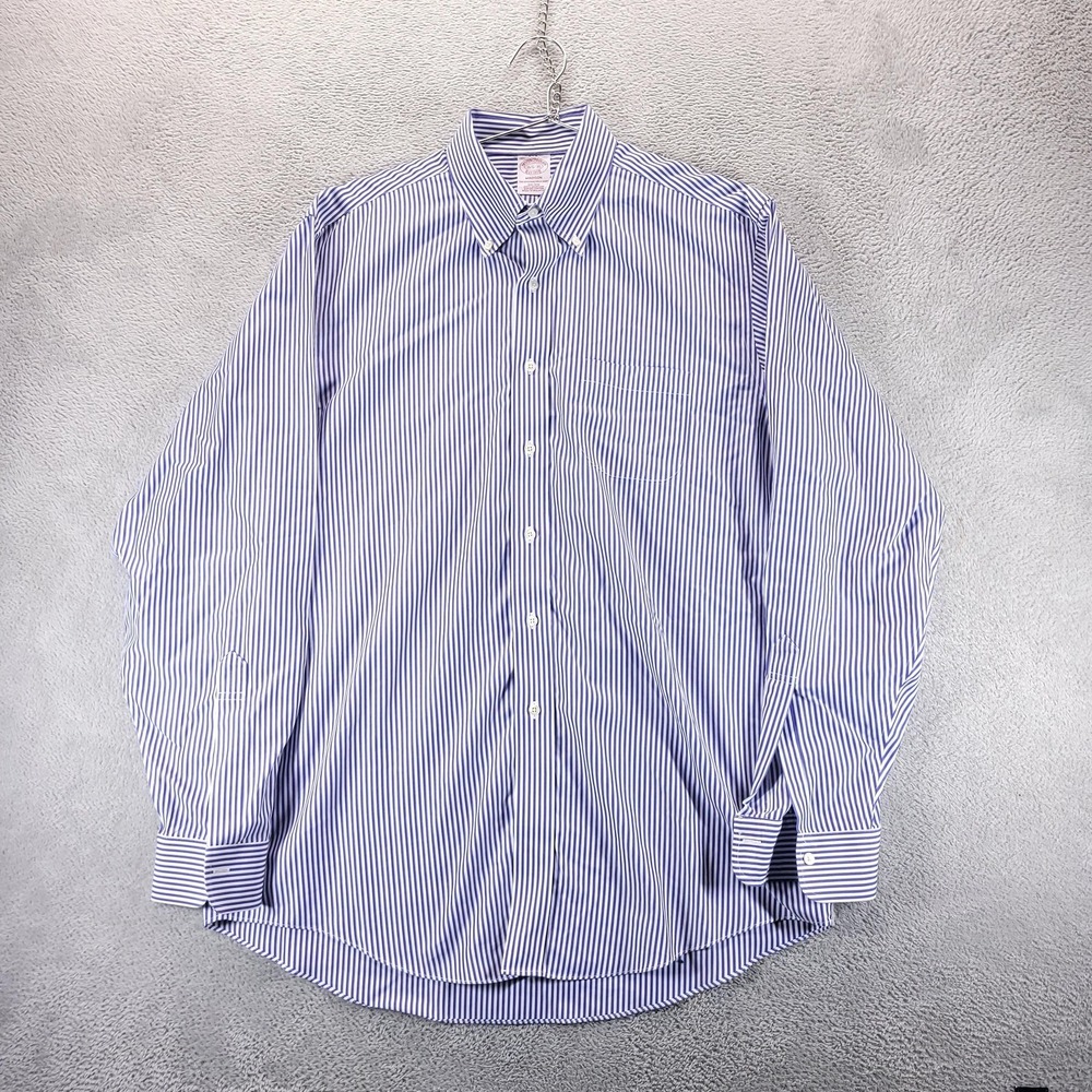 Brooks Brothers Dress Shirt Mens 16.5 36 37 Blue Stripe Madison Non Iron Supima